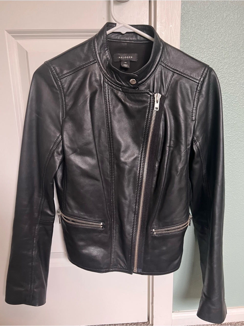 Halogen Black Leather Asymmetric Zip Moto Jacket